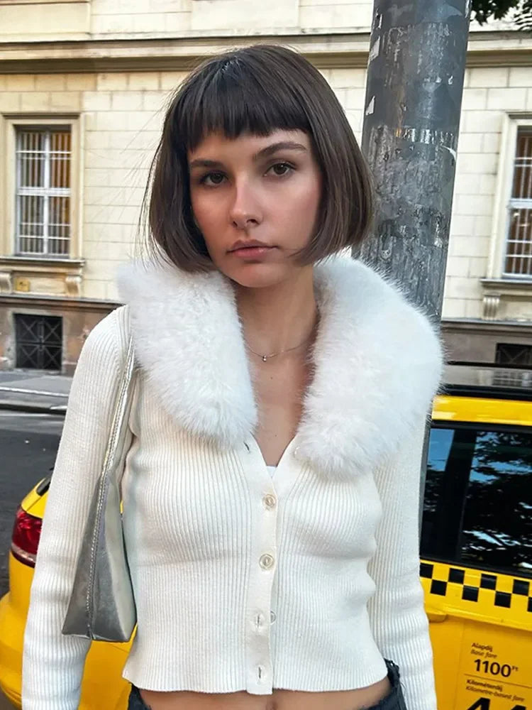 Fashion White Fluffy Plush Lapel Knitted Cardigan Women Solid Single Breasted Short Sweater Autumn New Female Chic Warm Knitwear