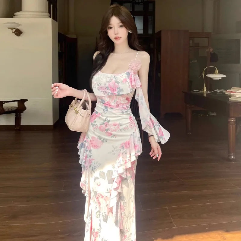 Women Dresses Sleeveless Slash Neck Gradient Floral Printed Mesh Patchwork Slim Vintage Elegant Party Dress Ladies