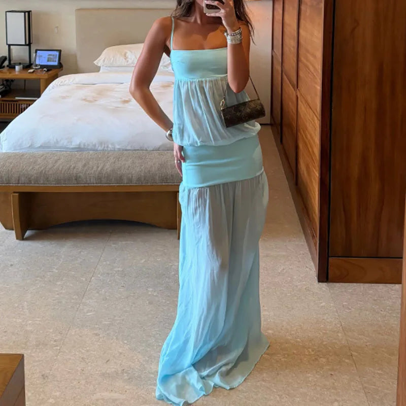 Fashion Hight Waist Vacation Long Dress Elegant Off Shoulder Suspenders Dress Women's Sexy Sleeveless Mesh Patchwork Solid Gowns