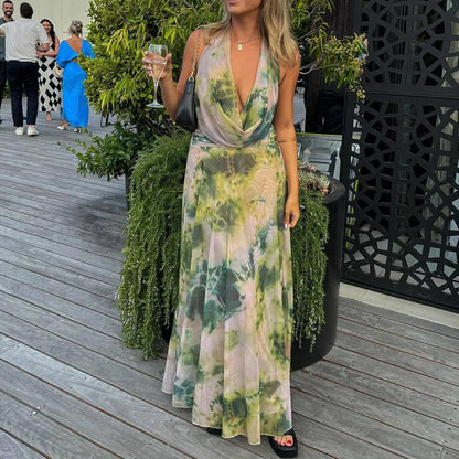 Sexy Sleeveless Printed Swinging Collar Tops&Half Skirts Sets Elegant Backless Vest High Waisted Skirts 2PC Sets Summer Outfits