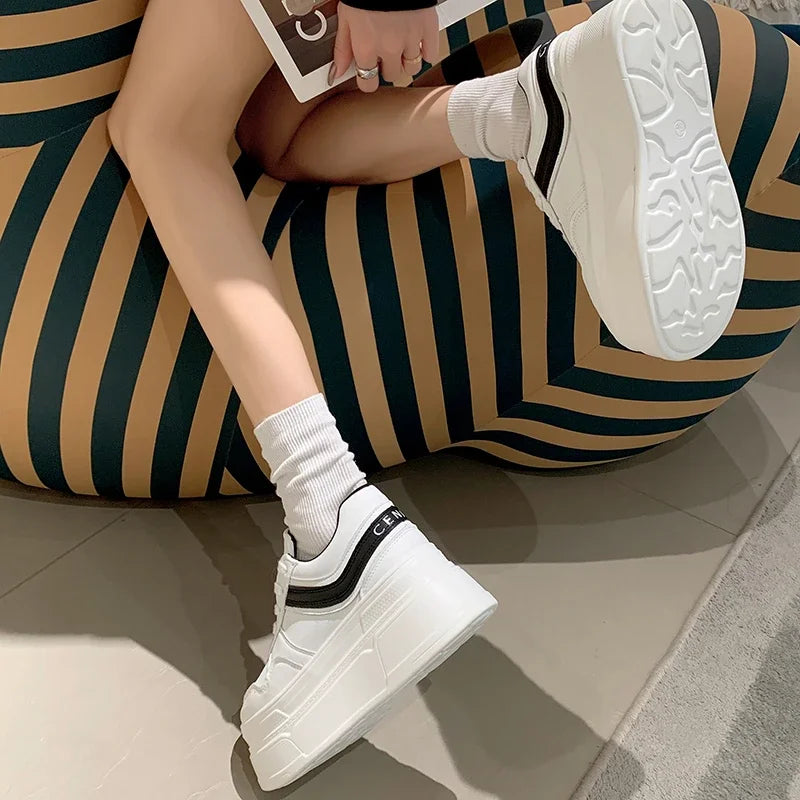 New Autumn Women High Platform Shoes 8CM Comfortable Chunky Sneakers Breathable Leather Wedges Casual Sport Dad Shoes Woman