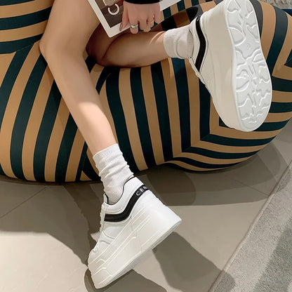 New Autumn Women High Platform Shoes 8CM Comfortable Chunky Sneakers Breathable Leather Wedges Casual Sport Dad Shoes Woman
