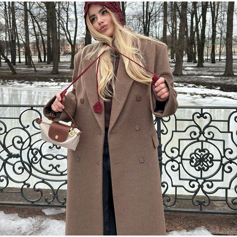 Elegant Solid Double Breasted Long Coat Women Chic Casual Loose Lapel Pad Shoulder Tweed Coats Lady Winter Retro Street Outwear