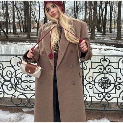 Elegant Solid Double Breasted Long Coat Women Chic Casual Loose Lapel Pad Shoulder Tweed Coats Lady Winter Retro Street Outwear