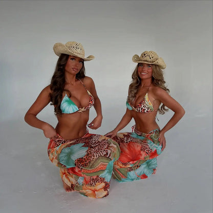 Print Skirt Shirring Halter Three Piece Swim Sets