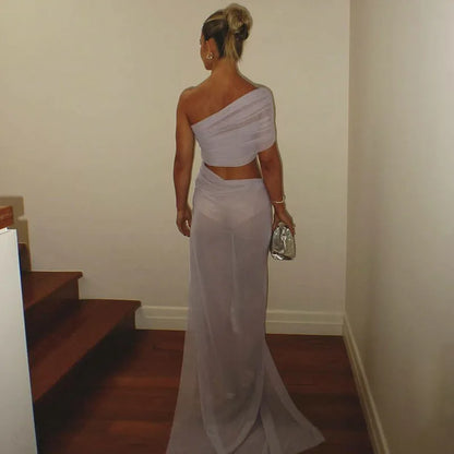 One Shoulder Mesh Draped Crop Top High Slit Maxi Skirt Set