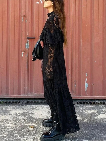 Sexy Lace Hollow Out A-lined Long Dresses Women Vintage Loose Perspective O-neck Black Dress Female Chic Elegant Party Street
