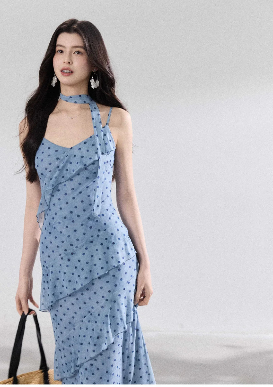French Commuter V-Neck Streamer Polka Dot Lotus Edge Suspender Dress Female Slim Mesh Printed Dress
