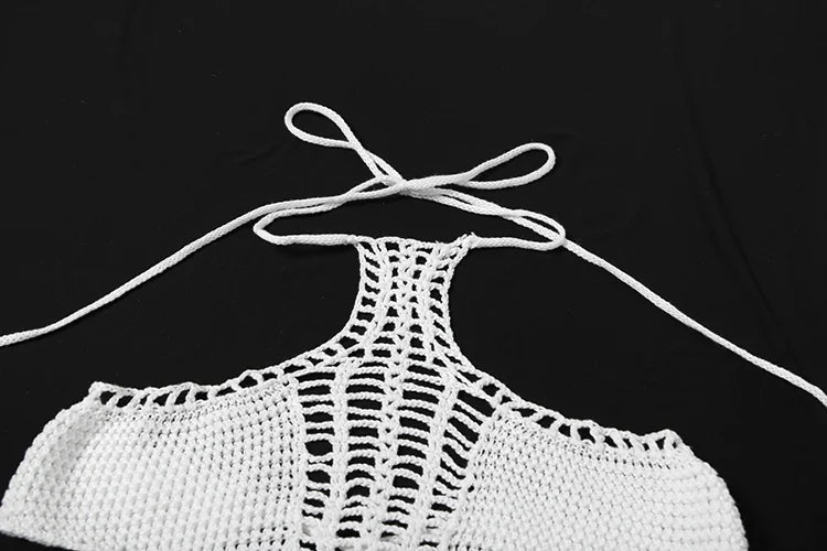 Sexy Crochet 2 Piece Set Women Hollow Swimsuit Halter Mini Camisole+Bandage Panties Matching Club Beach Vacation Suit
