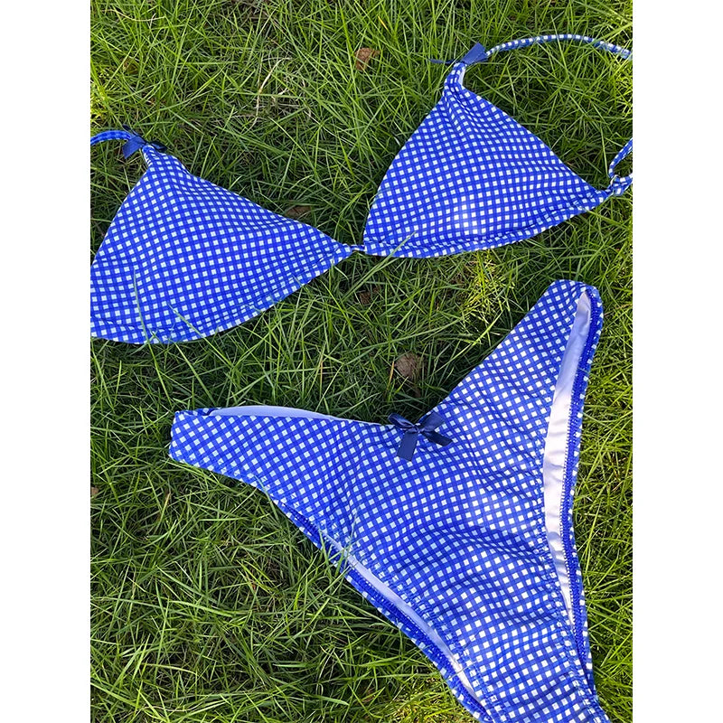 Plaid Print Bikinis Bow Swimwear Women Swimsuit Triangle Bikini Set Bandage Bath Suit Low Waist Thong Beachwear New Biquini