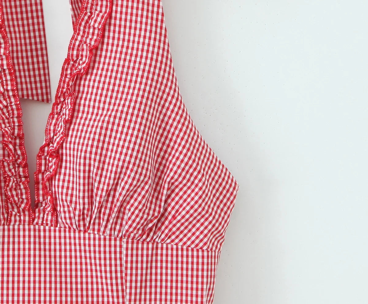 Fashionable Short Red Plaid Dress Women Sexy Backless A-line Mini Summer Halter Dress Vacation Robe 2026