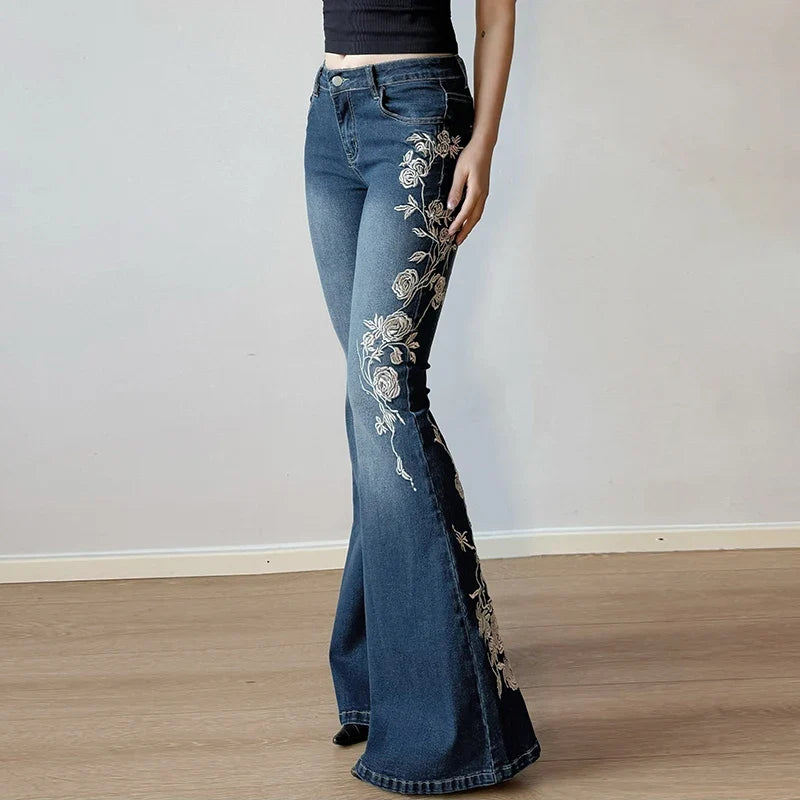 Y2K Rose Embroidered Trumpet Jeans Women Fashion Aesthetic Slim Flare Pants Vintage Blue 2000s Denim Trousers Spring