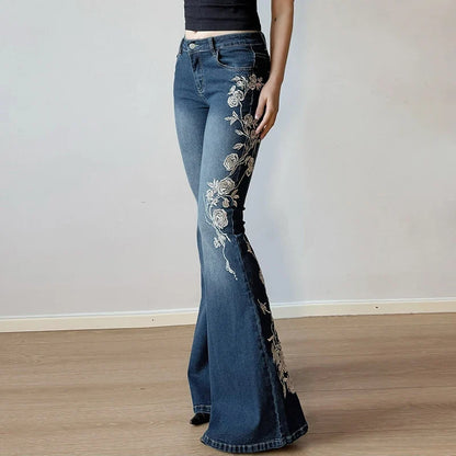Y2K Rose Embroidered Trumpet Jeans Women Fashion Aesthetic Slim Flare Pants Vintage Blue 2000s Denim Trousers Spring