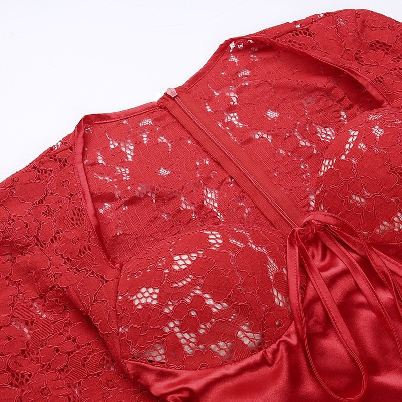Lace Long Sleeve Sweetheart Neck Bow Trim A-Line Mini Dress