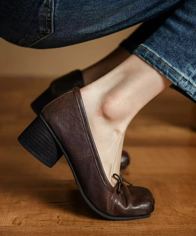 Fashion Square toe Bowknot Soft Leather Women Pumps Spring Summer Ballet Style Thick High heels Casual Chunky Loafer Shoes