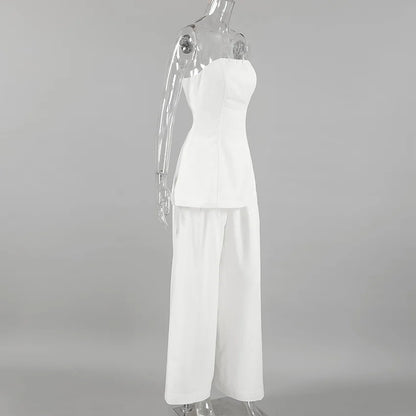 White Simple Wide Leg Pants Sets Women Summer New Off Shoulder Sleeveless Tube Tops Streetwear Fashion Casual Pants 2 Piece Set