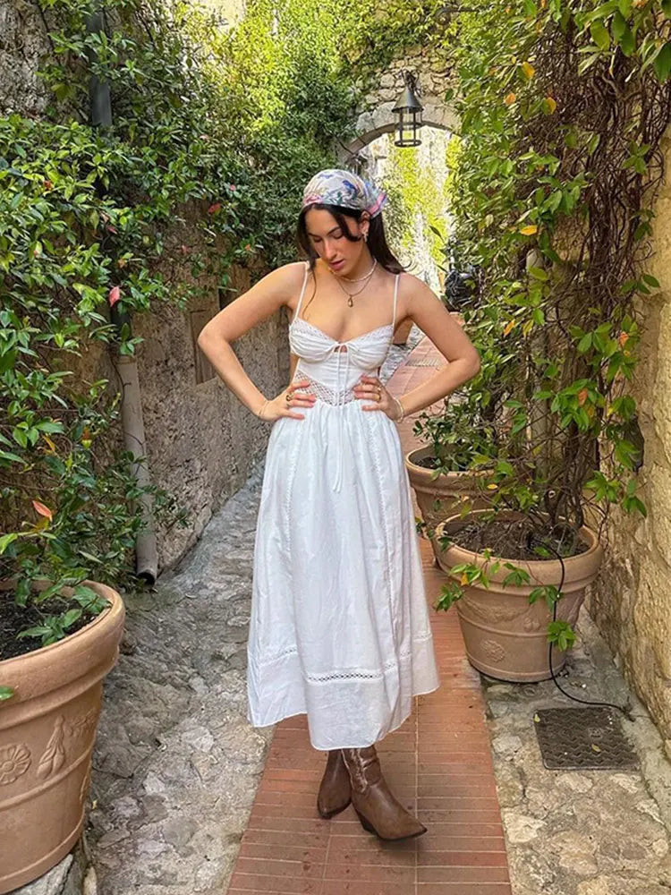 Sexy Backless Bow Lace Up Women Maxi Dress Elegant V-neck Hollow Out Sleeveless Sling Dresses Summer Casual White Vacation Robes