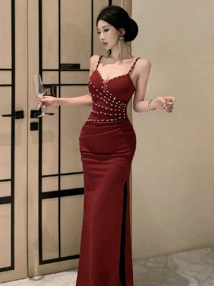 Dresses Women Sleeveless Sexy Split Slim Slash Neck Backless Rhinestone Elegant Temperament Party Dress Female Fashion