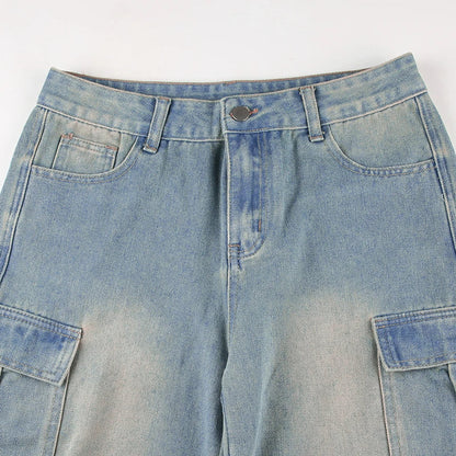 American Style Pleated Washed Parachute Jeans Women's High Waisted Loose Wide Leg Large Pocket Workwear Pants