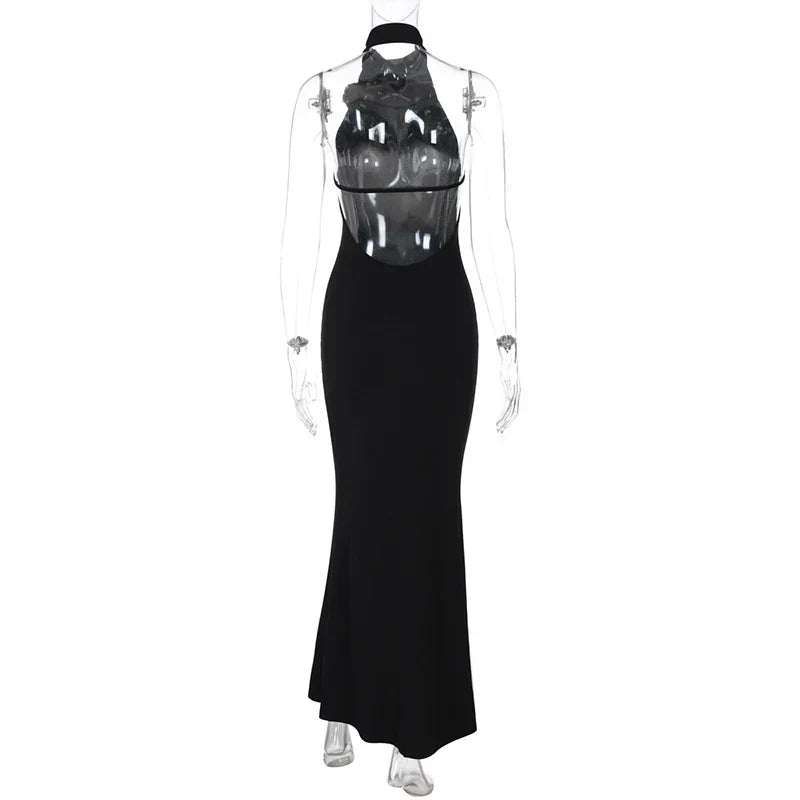 Mock Neck Halter 3D Floral Applique Bodycon Maxi Dress