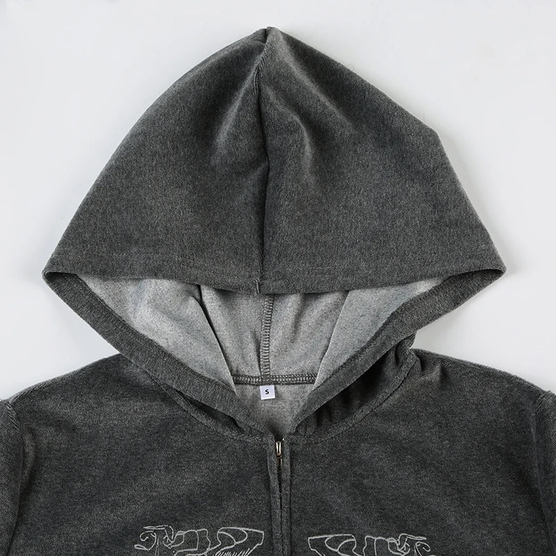 Y2K Graphic Print Zipper Jacket with Hooded Vintage Aesthetic Gray 2000s Women Coat Knitted Outwear Autumn Outfits