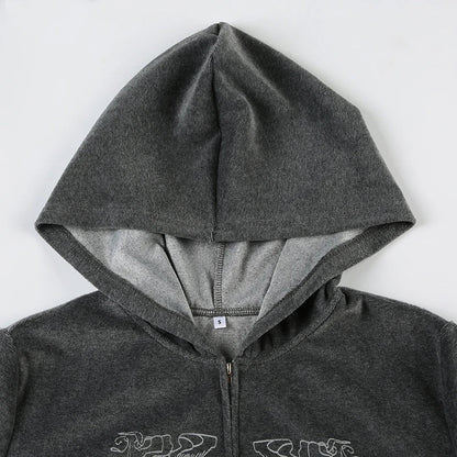 Y2K Graphic Print Zipper Jacket with Hooded Vintage Aesthetic Gray 2000s Women Coat Knitted Outwear Autumn Outfits