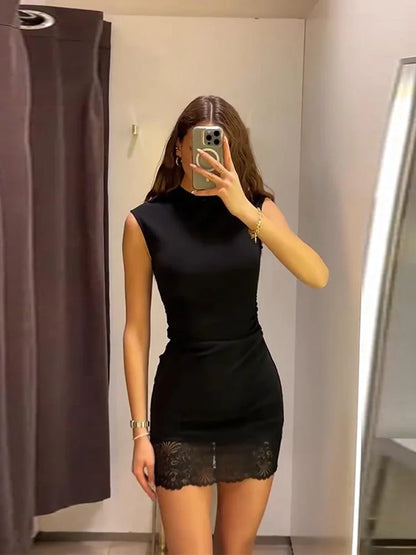 Sleeveless Stretch Lace Patchwork Short Dress Women Sexy O-neck Waist Cinching Hip Package Bodycon Evening Dresses Chic New Robe