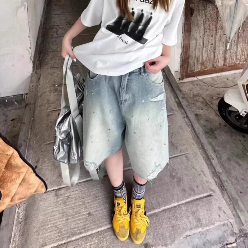 Diamond Studded Denim Shorts Men Women Trousers Summer Design Hip Hop Brushed Work Pants 2000s Baggy Jeans Y2k Streetwear