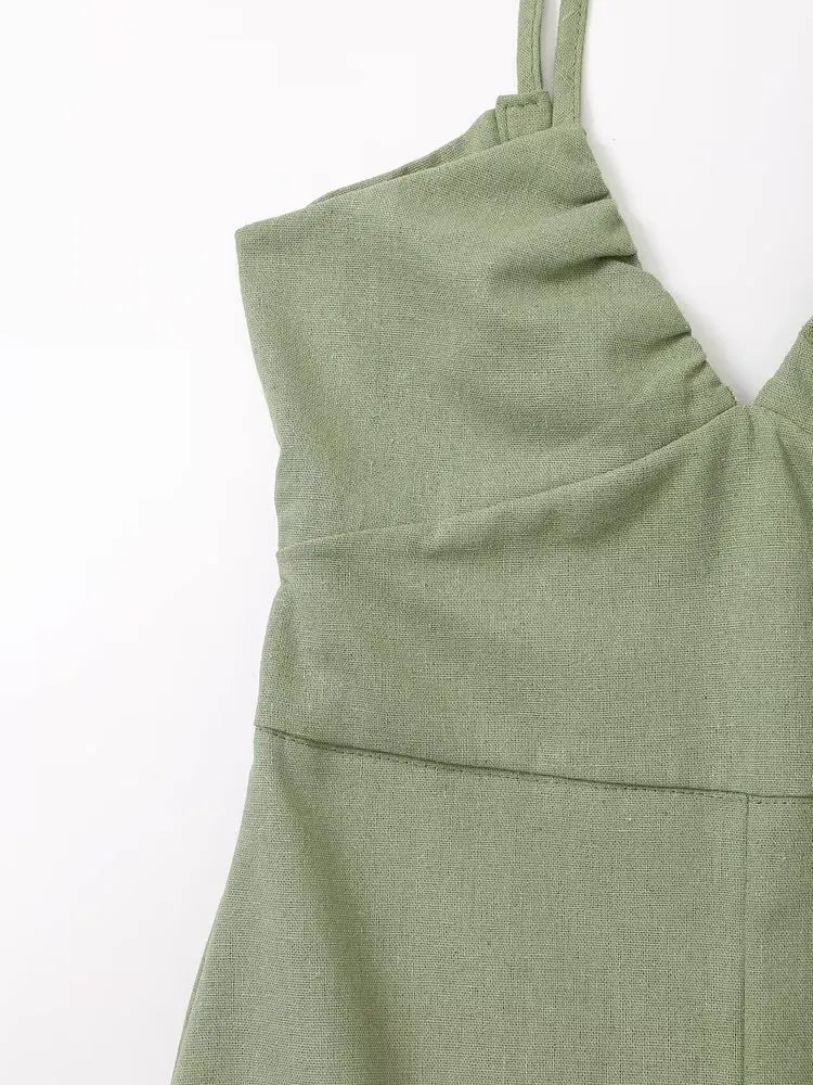 V-neck Green Slip Sexy Backless Dress For Summer Slim Slit Vacation Beach Long Dress Cotton Linen Blend Woman Clothing