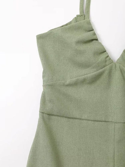V-neck Green Slip Sexy Backless Dress For Summer Slim Slit Vacation Beach Long Dress Cotton Linen Blend Woman Clothing