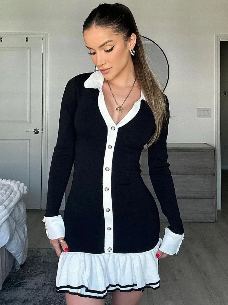 Pointed Collar Button Front Contrast Cuff Ruffle Hem Knit Mini Dress