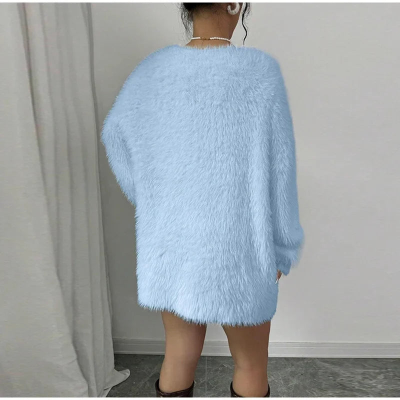 Plush V-neck Knitted Mini Dress Woman Loose Autumn Winter Women's Sweater Soft Above Knee Long Sleeve Solid Casual Dresses Warm