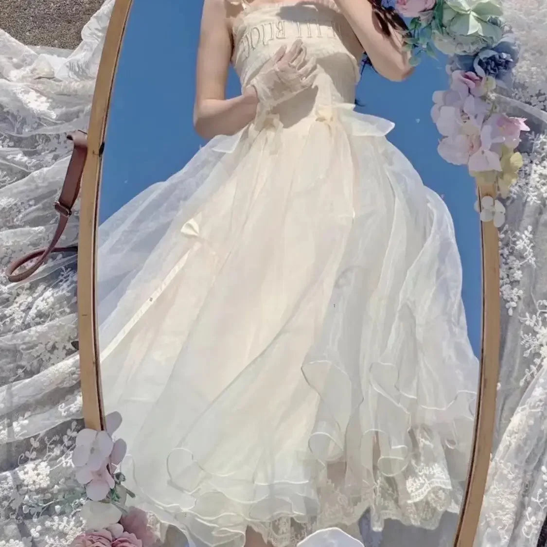 New Ballet Lolita JSK Dresses Women Flower Wedding French Long Suspender Dress Fairy Embroidered Lace Soft Maxi Dress