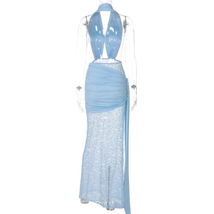 Halter Plunge V-Neck Ruched Sash Lace Skirt Maxi Gown