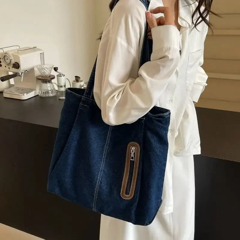 Large Capacity Denim Single Shoulder Bag New Fashion Versatile Tote Retro Commuting Casual Bags