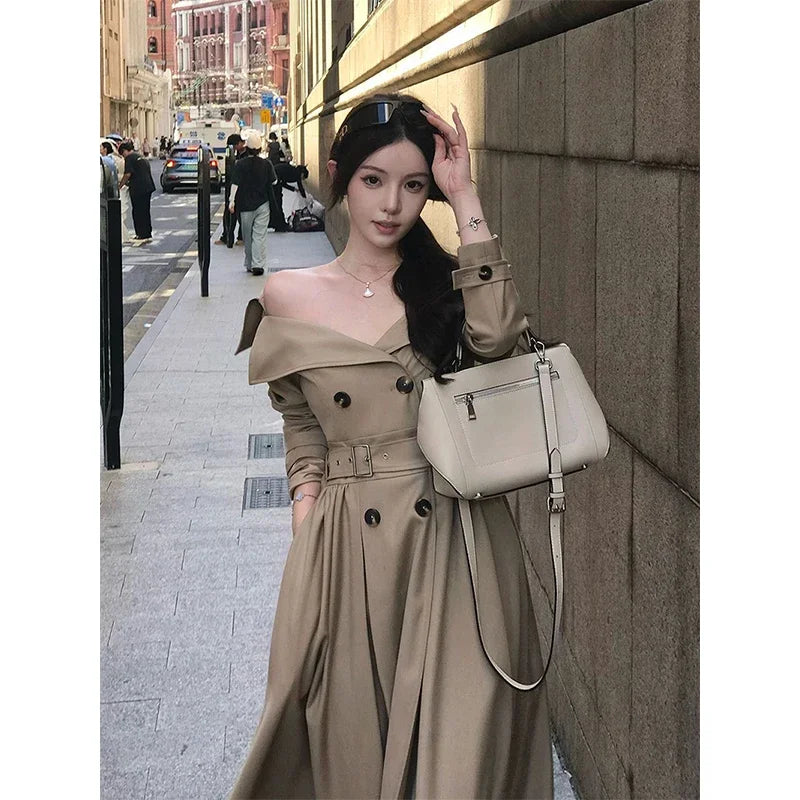 Long Trench Coat Women Streetwear Belt Sexy Off Shoulder Jackets Korean Double Breasted Outerwears Fall Winter Fashion Overcoat