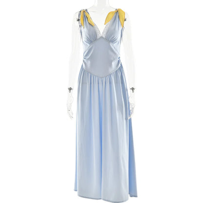 Elegant Lace Patchwork Satin Tank Maxi Dress Women's Deep V-Neck Sexy Backless Lacing Sleeveless Contrast Slim Long Dress