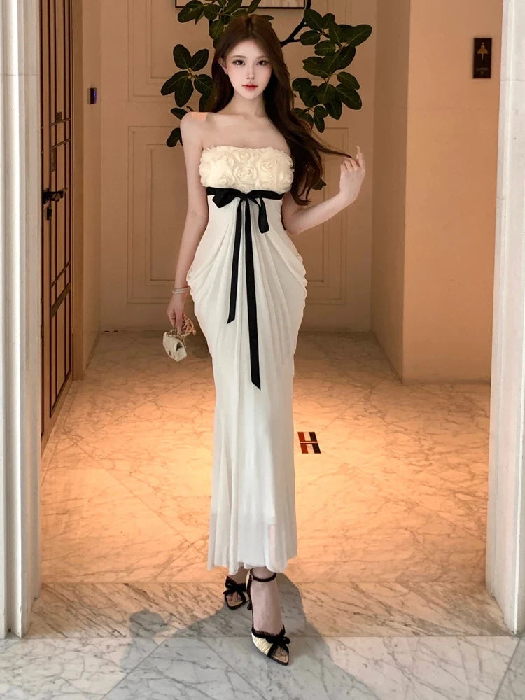 Romantic Sexy Strapless Bodycon Dress with Knot Silk Ribbon High Waist Slimming Long Evening Gown for Women