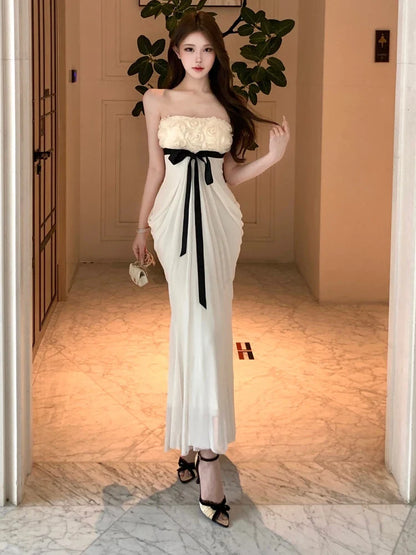 Romantic Sexy Strapless Bodycon Dress with Knot Silk Ribbon High Waist Slimming Long Evening Gown for Women