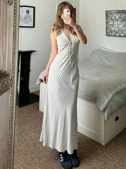 Strip V-neck Lace Up Backless Long Dress Summer Elegant Sleeveless High Waist Slim A-line Dress Beach Vacation Dress