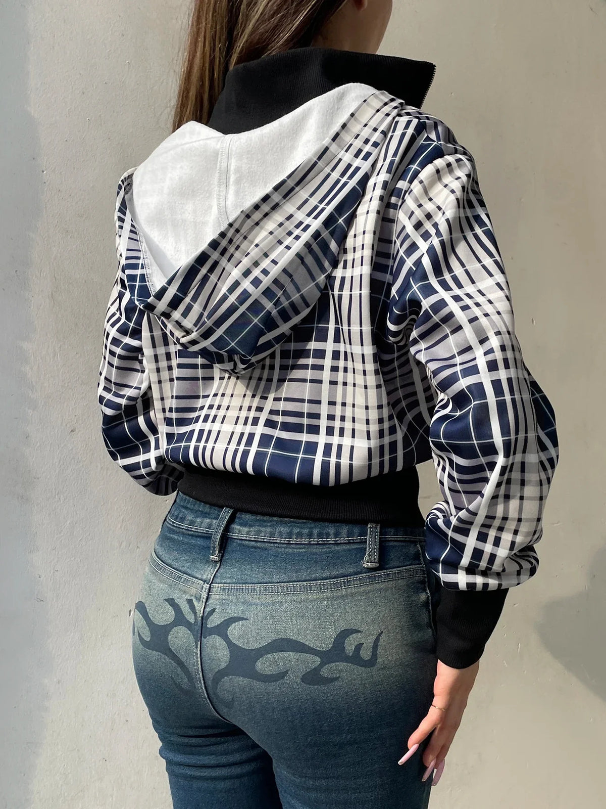 Casual Plaid Hooded Jackets Basic Turtleneck Zipper Long Sleeve Coats Women Autumn Spring Fashion Streetwear Ladies