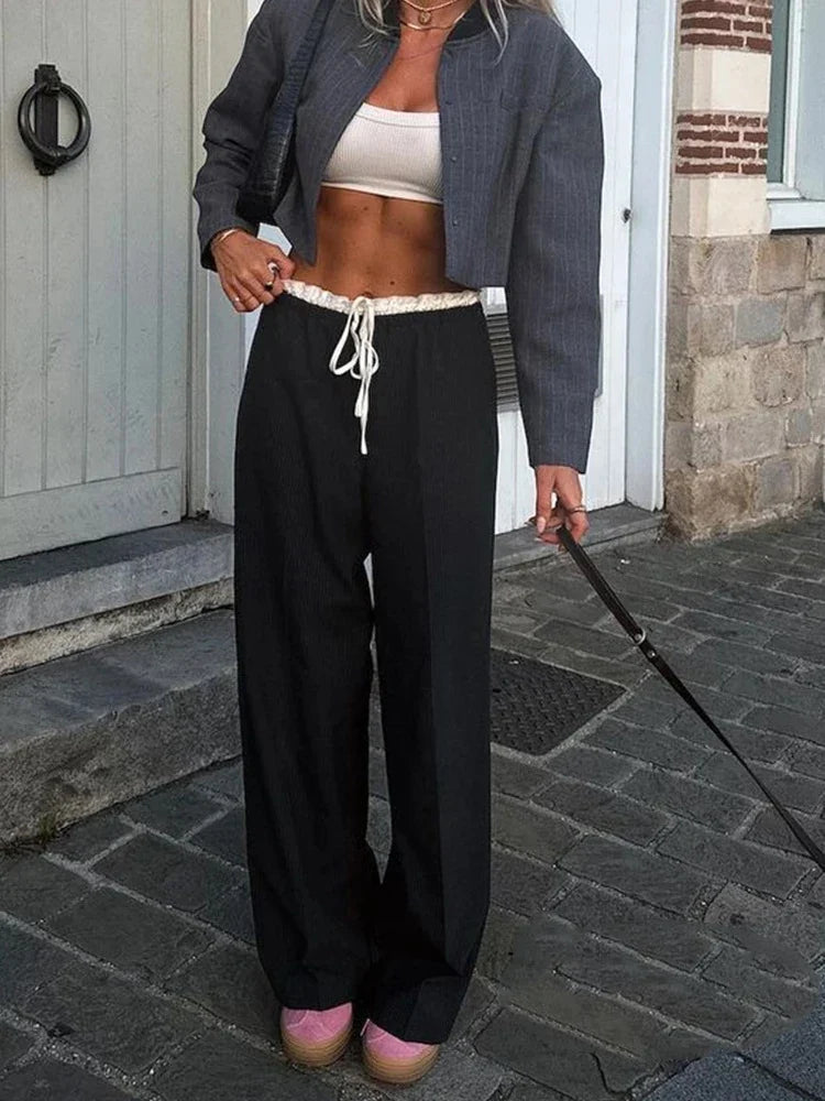 Spring Streetwear Patckwork Black Women Pants High Waist Elastic Wide Leg Long Pants Fashion Summer Bow Tie Trousers
