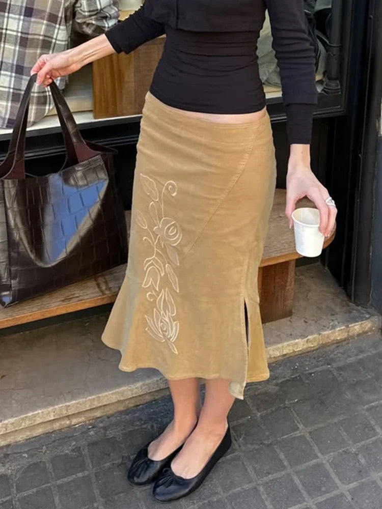 Women's Vintage Midi Skirt 2026 Summer High Waist Slim Ruffle Fishtail Skirts Party Side Slit Elegant Embroidery Skirt