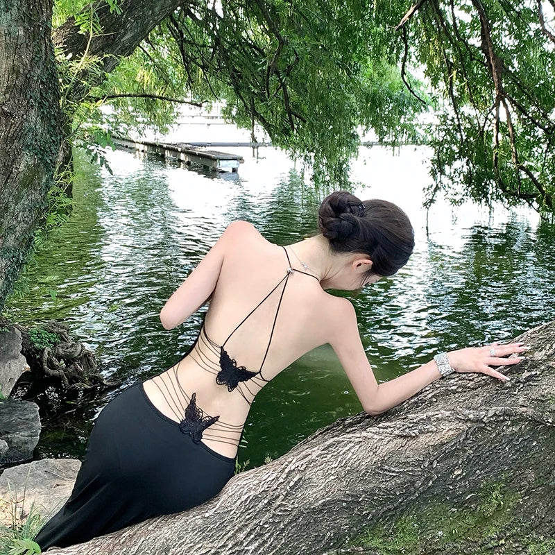 Sexy strap butterfly backless mid-length dress with niche design, bodycon and hip-hugging style Spicy Girl
