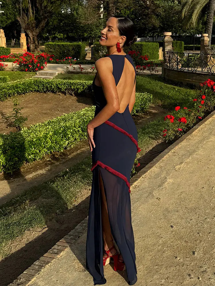 Sexy Backless Patchwork Long Dress Women Retro O-neck Sleeveless Side Slit Slim Party Dresses Female 2025 Summer Chic Vestidos