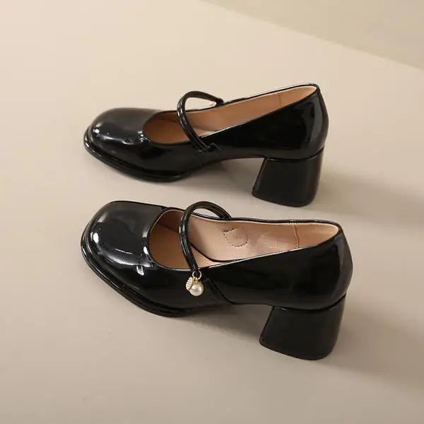 High Heel Leather Shoes Mary Jane Branded Pumps Chunky Sandals Shallow Mouth Clogs for Women Slip On Round Toe Latest Lolit