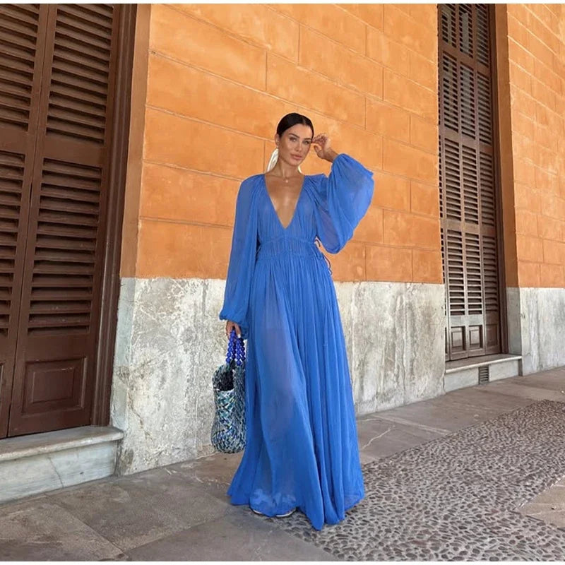 Elegant Pleated Long Dress Women Loose V Neck Long Sleeves High Waist Vestidos Female 2025 Summer Holiday Solid Evening Dresses