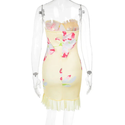 Printed Off Shoulder Backless Ruffle Mini Dress