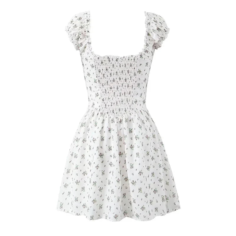 Holiday Summer Dresses 2025 Women French Style Floral Print Dress Vintage Short Sleeve V Neck A-line Mini Robe Sundress