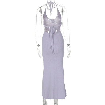 Ribbed Knit Deep V Neck Floral Accent Mermaid Hem Maxi Dress